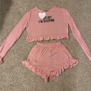 Nasty Gal Pink Ruffle Long-Sleeve Cropped Sleep Set